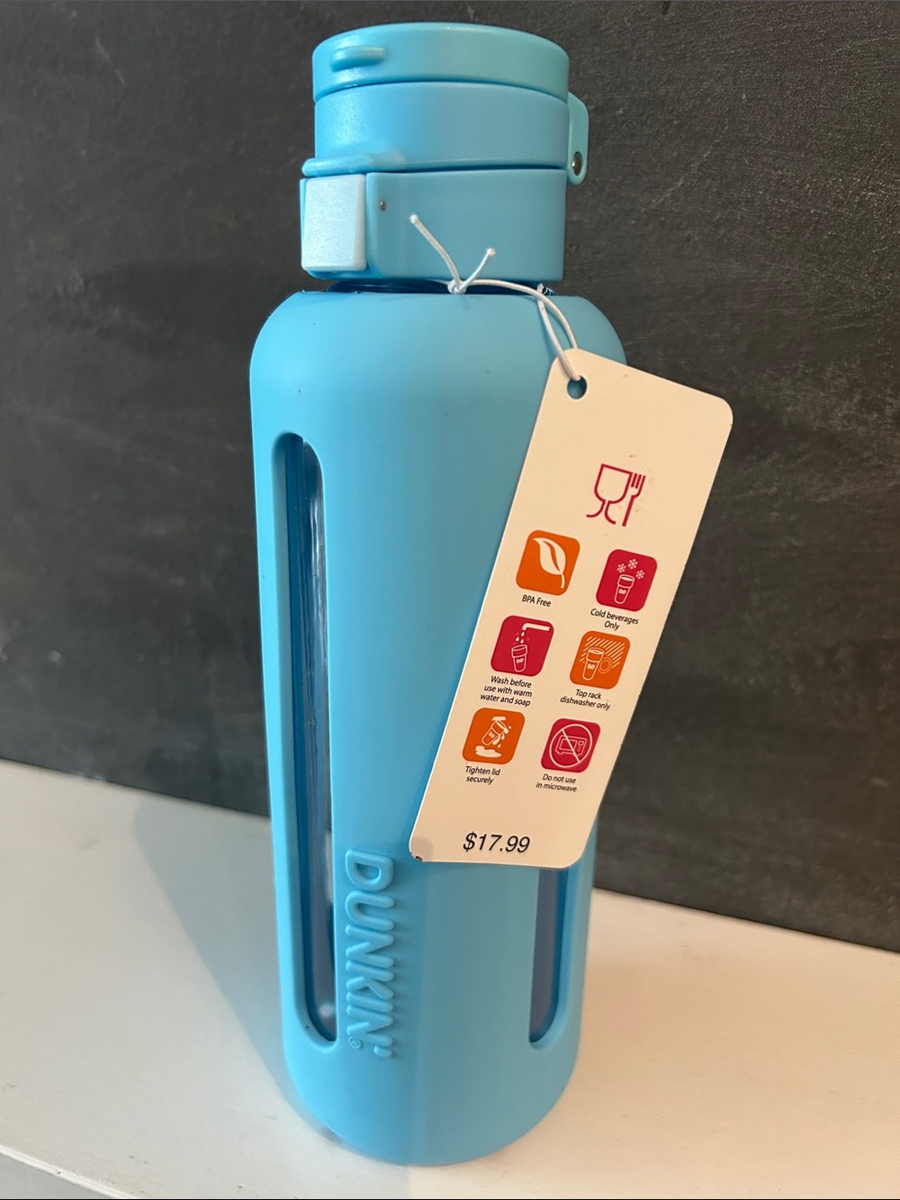 Dunkin Blue Reusable Water Bottle - Leak-Resistant Travel Bottle 24oz.